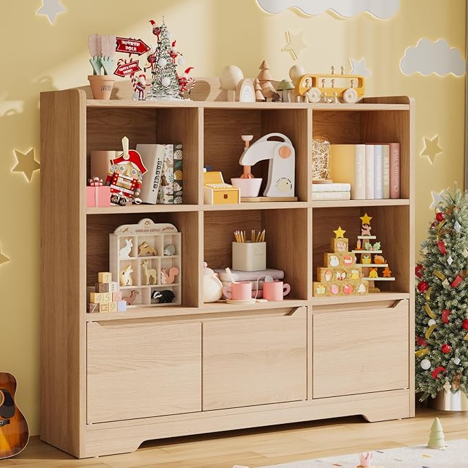 Kids Bookshelf and Toy Organizer, 2 Tier Kids Book Shelf for Kid Rooms with 2 Doors, 6 Cubes Storage Organizer,Wood Children Bookcase,Freestanding Toddler Book Display Shelf for Playroom