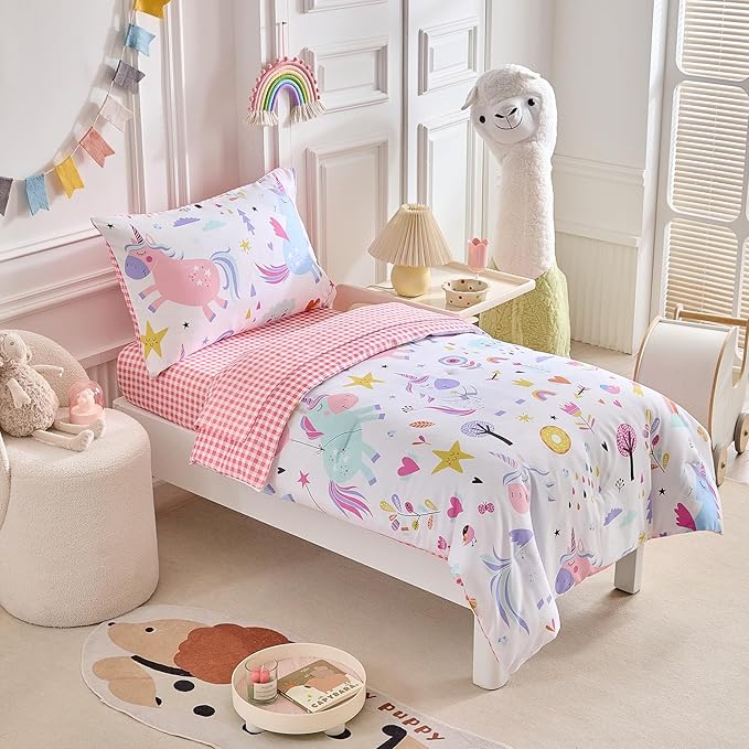 Joyreap 4 Piece Toddler Bedding Set for Girls- Pink Blue Colorful Unicorns Design, Microfiber Toddler Bedding Comforter Set for All Seasons
