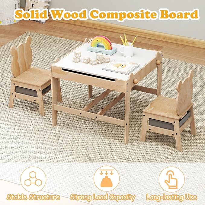 Costzon Kids Table and Chairs, 4 in 1 Wooden Activity Desk Set w/Reversible Whiteboard & Chalkboard, Hidden Storage Space and Drawers for Arts, Crafts, Play, Toddler Table and Chair Set (Bear Shape)