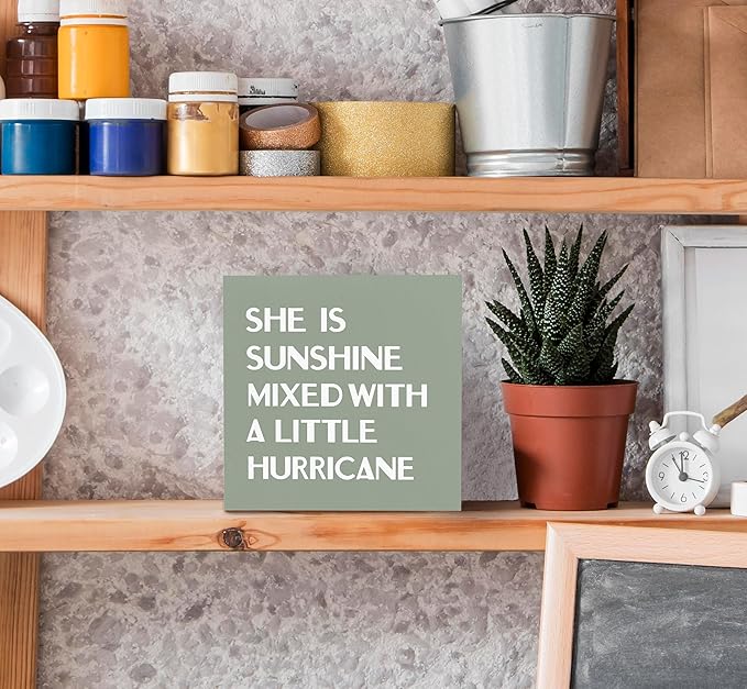 SRADMO She Is Sunshine Mixed with a Little Hurricane Boho Purple Wood Box Sign Desk Decor, Baby Girls Inspirational Wooden Box Decor for Girls Room Nursery Shelf Table Decorative Accessories (Green)