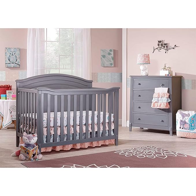 SORELLE FURNITURE Berkley Round Top Crib, Classic 4-in-1 Convertible Crib, Made of Wood, Non-Toxic Finish, Wooden Baby Bed, Toddler Bed, Child’s Daybed and Full-Size Bed, Nursery Furniture-Gray