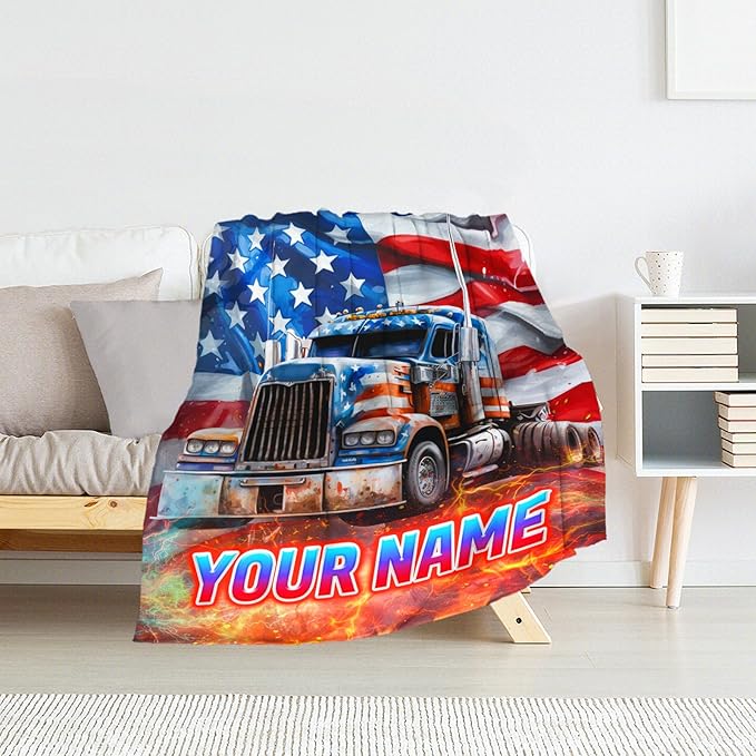 Personalized Throw Blanket Gift for Boys with Name - 30" x 40" Inches Truck Crib Blankets for Toddlers- Warm, Fuzzy Throws for Lap & Office