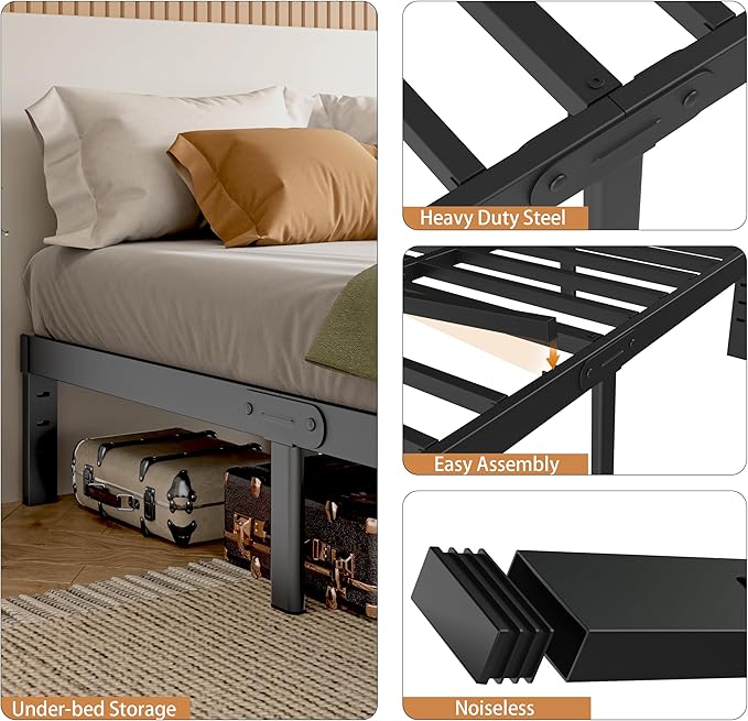 Black Bed Frame Queen Size 14 Inch, Metal Queen Bed Frame No Box Spring Needed, DIY Headboard Holes, Heavy Duty Steel Support 3500 LBS, Noiseless, Round Corner Leg, Storage Space, Easy Assembly