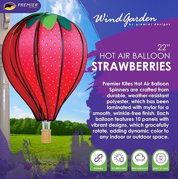 Hot Air Balloon Hanging Garden Spinner 22" - Vibrant Strawberry Design, Weather-Resistant Outdoor Decor, Durable & Lightweight for Patios, Yards, and Gardens - Eye-Catching Wind Spinner