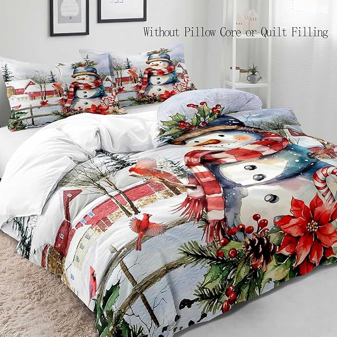 LUVIVIHOME 3PCS Cute Snowman Duvet Cover Full Bedding Set, Christmas Bedding, Red Bird Cardinal Poinsettia Winter Holiday New Year Xmas Gifts Christmas Comforter Bedspread Quilt Cover, 2 Pillow Shams