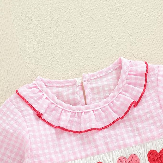 Amiblvowa Baby Girl Valentines Day Outfit Embroidery Love Heart Smocked Bubble Romper Bodysuit Cute Infant Newborn Clothes