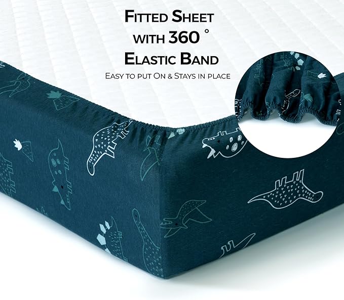 Dreamology Mini Crib Sheets, Pack and Play Sheets Fitted, 100% Cotton Mini Crib Sheets, Boy, Girl, Pack n Play Sheet, Crib Mattress Sheets, 24x38 Crib Sheets | Dino, Denim Blue