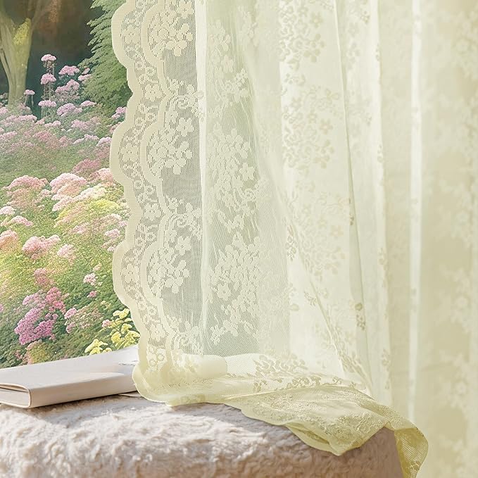 Anmao Vintage Lace Curtains 102 Inches Long 2 Panels Set, Romantic Elegant Light Filtering Semi Sheer Floral Thick Lacy Curtain Drapes for Living Room and Bedroom, Each Panel 55W x 102L, Cream Yellow