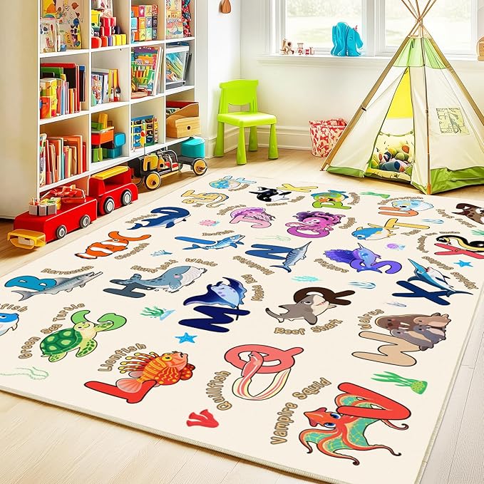 Kids Rugs for Playroom, 3x4 Feet Educational Rug for Learn The ABC Alphabet, Soft Machine Washable Non-Slip Cute Marine Organisms Carpet for Classroom Toddler Nursery Kids Room Decor, Beige