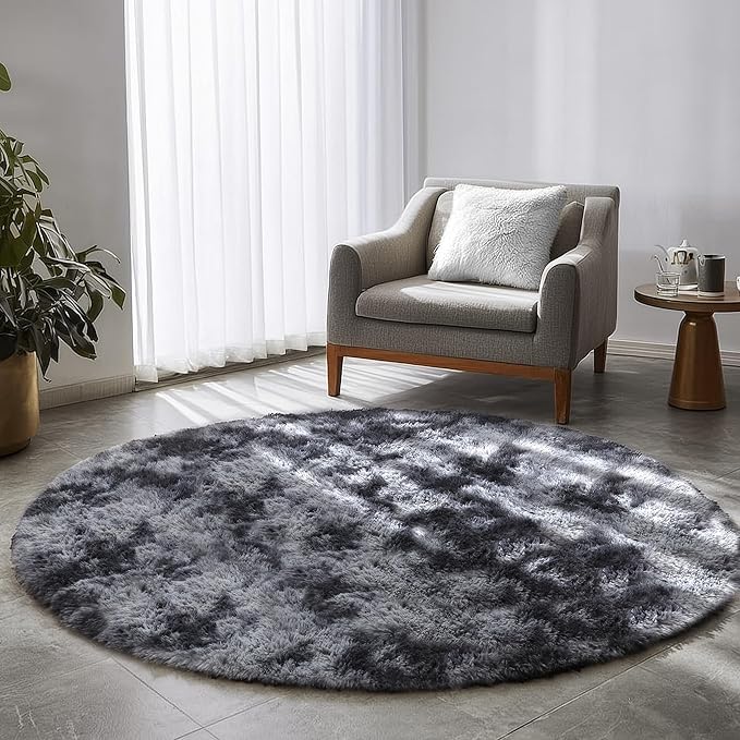 Amdrebio Tie-Dyed Dark Grey Round Rugs for Living Room, 8x8 Rug, Extra Large Circle Area Rug for Bedroom, Big Shag Fluffy Plush Carpet for Mens Home, Modern Cool Circular Rug, Soft Cozy Thick Rugs