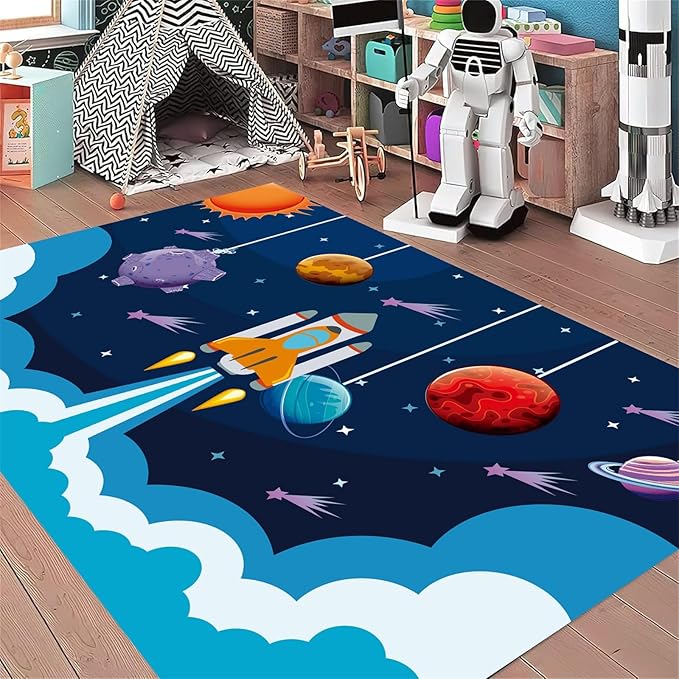 Outer Space Rugs,4x6ft,Kids Playroom Crawling Mat,Machine Washable,Non-Slip Carpet with Cartoon Planets and Rocket Design,Suitable for Kids Bedroom,Classroom,Nursery Decorative Rug