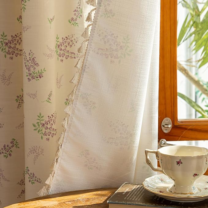 ENJOYBRIDAL Purple Floral 96 Inch Curtains for Living Room Decor Drapes Semi Sheer Bedroom Rod Pocket Long Window Curtains 2 Panels Tassel Aesthetic Farmhouse Cute Boho Window Treatments
