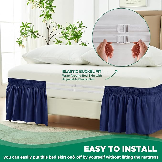 Biscaynebay Wrap Around Bed Skirts for Full & Full XL Beds 19" Long Drop, Navy Adjustable Elastic Dust Ruffles Easy Fit Wrinkle & Fade Resistant Silky Luxurious Fabric Solid Machine Washable