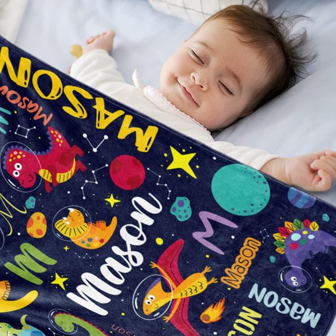 Personalized Dinosaur Blanket for Boys, Custom Name Blanket for Teen Dino Outspace, Soft Flannel Dinosaur Toddler Blanket Customized Gift for Birthday 50"x60"