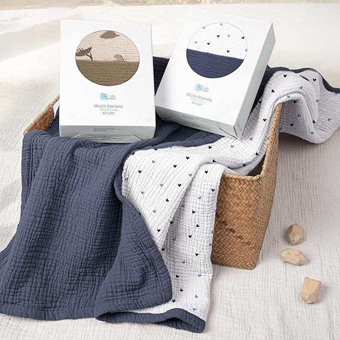 lulumoon Baby Blanket for Newborns: Muslin Swaddle for Receiving Neutral - Crib Quilt for Travel Boy & Girls 30"x40"(Blue)