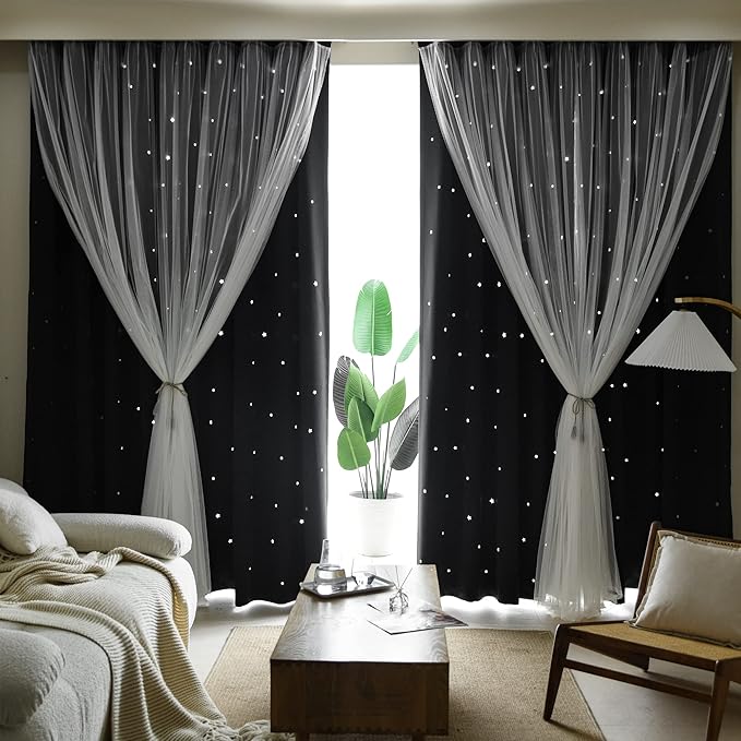 Kinryb Kids Blackout Curtains for Bedroom/Living Room/Classroom, Sheer Overlay 2 Free Tiebacks, Double Layer Curtains with Star Cutout for Kids Room(Each Piece W 70 x L 72 Inches 2 Pcs Black)
