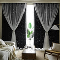 Kinryb Kids Blackout Curtains for Bedroom/Living Room/Classroom, Sheer Overlay 2 Free Tiebacks, Double Layer Curtains with Star Cutout for Kids Room(Each Piece W 70 x L 95 Inches 2 Pcs Black)