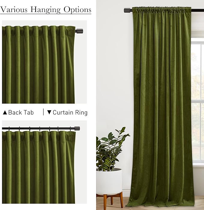 StangH 102 inches Back Tab Velvet Curtains Luxury Olive Green Room Darkening Window Drapes Heavy Thermal Insulated Panels for Sliding Door Bedroom, W52 x L102, 2 Panels