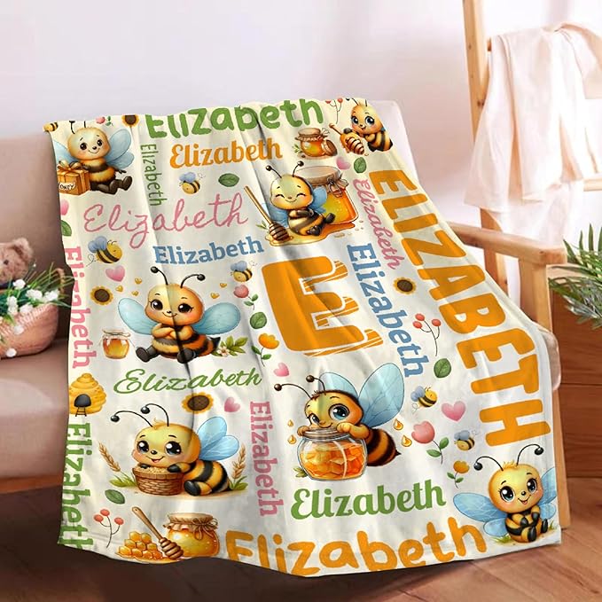 Personalized Custom Honeybee Blanket Gifts for Kids Boys Girls with Name - Customized Honeybee Super Soft Lightweight Flannel Sheets Decor for Crib Nap Couch - 60"x80" for Adult