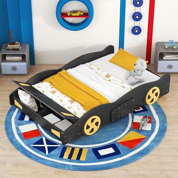 Harper & Bright Designs Full Size Race Car-Shaped Platform Bed with Wheels and Storage, Black+Yellow