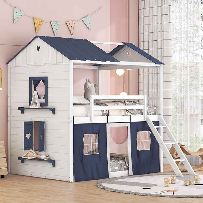 Full Size House Bunk Bed with Elegant Windows and Sills, Solid Wood Tent Bed Frame with Guardrails for Kids Teens Boys Girls, Versatile Spacious Under Bed Space with Curtains (White+Blue C)