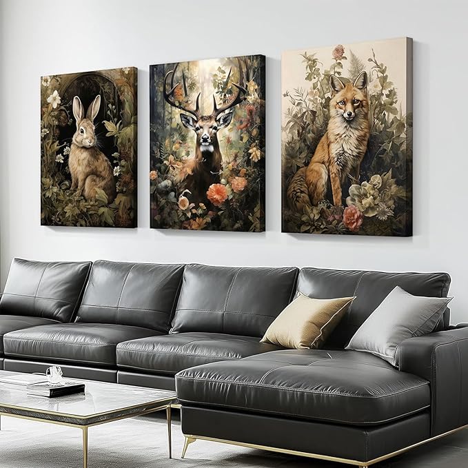 3pcs Vintage Forest Animal Canvas Wall Art Wild Animal Deer Rabbit Fox Paintings Pictures Dark Academia Wall Decor Gothic Botanical Posters Print Artwork for Living Room Office Decor 12x16in