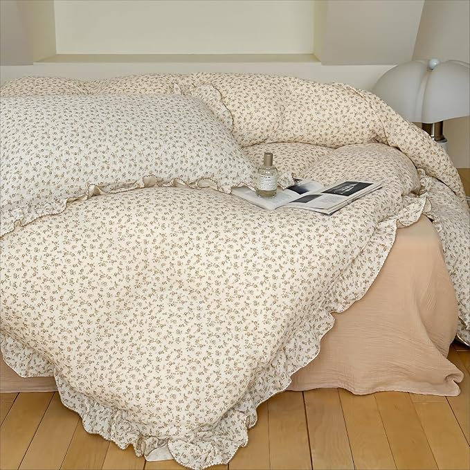 BuLuTu Vintage Floral Design Kids Duvet Cover Twin Cottage Camellia Print Comforter Cover with Ruffles Soft Muslin Cotton Quilt Cover for Girls Boys, Zipper & Corner Ties, No Pillowcase