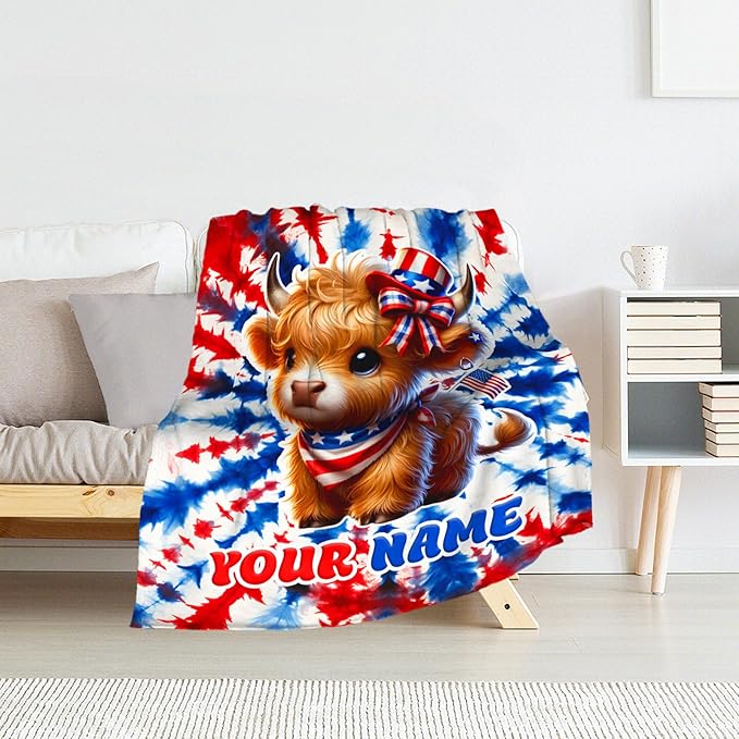 Personalized Highland Cow Blanket - 30" x 40" Inches Cow Print Throw Blanket for Kids, Girls - Warm Furry Throws for Sofa, Crib & Nap