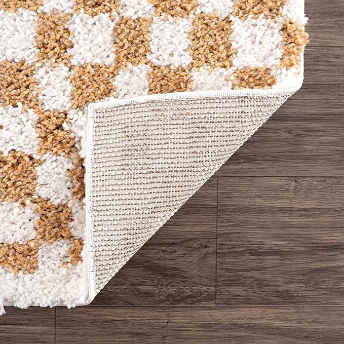 Hauteloom Kieu Contemporary Checkered Fluffy Shag Area Rug - Modern Geometric Soft Carpet Tiles for Living Room, Kids Room, Nursery - White, Yellow - 8'10" x 12'