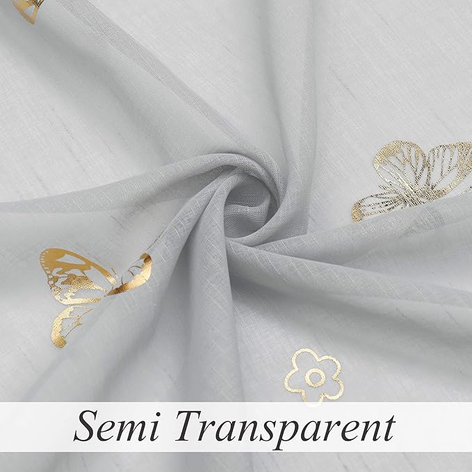 Jubilantex Grey Sheer Curtain with Gold Butterfly Pattern for Kids Room, Linen Textured Rustic Metallic Print 63 Inch Rod Pocket Window Drapes for Girls Bedroom Living Room, 2 Panels