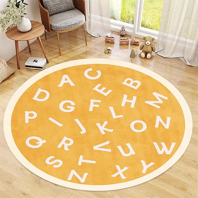 Round Playroom Area Rug,5ft,ABC Children's Round Bedroom Rug, Non-Slip Washable Baby Nursery Rug, Large Toddler Rug Educational Crawling Mat, Suitable for Nursery, School Classroom, Playroom