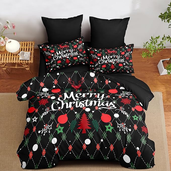 Christmas Duvet Cover Twin Size Black Christmas Tree Bedding Set 2 Pieces Kids Boys Girls Happy Holiday Xmas Comforter Cover with Zipper Closure and 1 Pillowcase (No Comforter)