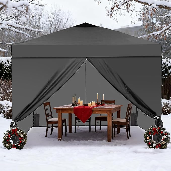 GDY 10x10 Pop Up Canopy Tent with 4 Sidewalls, Easy Set up with One Push Lift Outdoor Silver Coated Beach Gazebos, Carpas with 4 Sandbags, for Pool, Events, Parties, and Camping, Black.