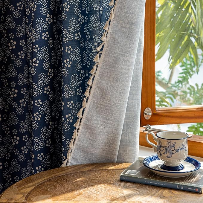 ENJOYBRIDAL White Floral Curtains 84 Inch Long Semi Sheer Navy Blue Drapes Decor Farmhouse Bedroom Tassel Window Curtains 2 Panel Sets Boho Rod Pocket Living Room Aesthetic Window Treatments
