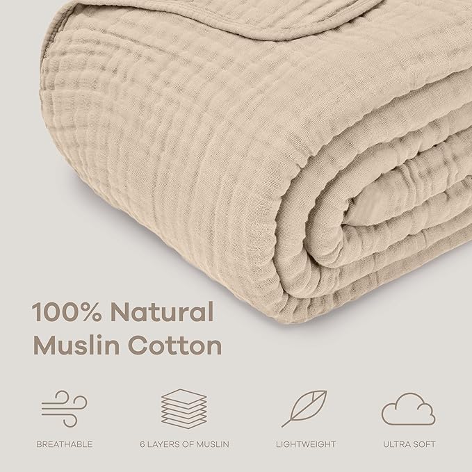 Comfy Cubs Muslin Blanket for Adults King 108" x 90" - 6 Layer Soft, Breathable & Lightweight Muslin Adult Blanket - Machine Washable & Designed in The US Bedding for All Seasons - Sand
