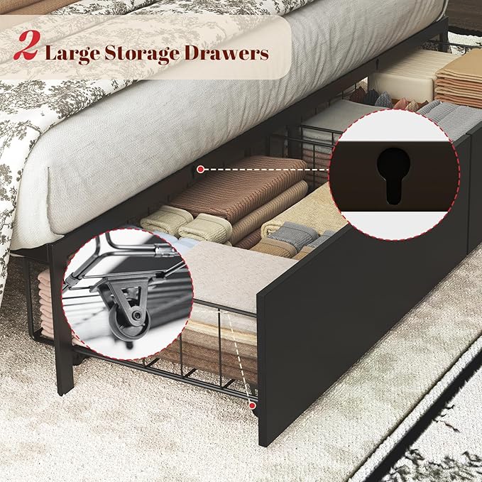 King Bed Frame with Headboard, LED Bed Frmaes with Bookcase Storage and Charging Station, Metal Platform Bed with 2 Storage Drawers, No Box Spring Needed, Black