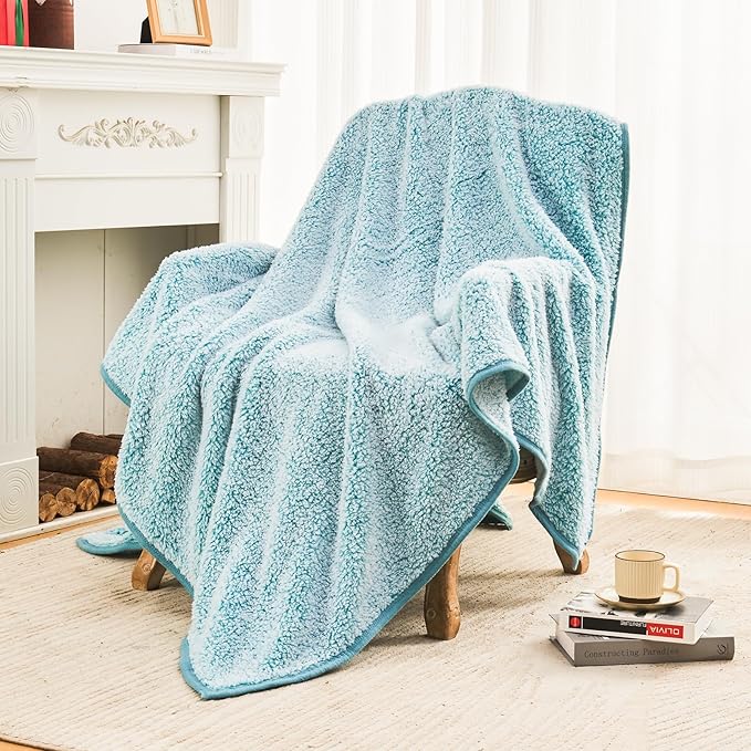 EMME Soft Sherpa Fleece Blanket Reversible Plush Fluffy Large Blanket, Light Weight Warm Decorative Boho Blanket Cover for Sofa, Couch, Bedroom,Travel(Plush Teal,90"x90")