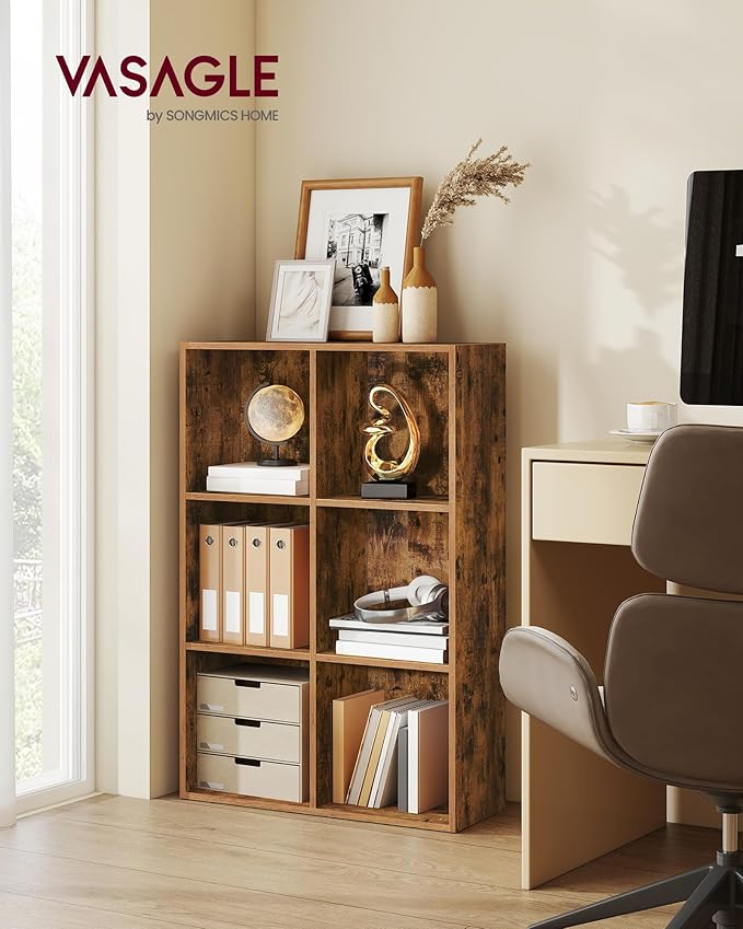 VASAGLE Custos Collection - Bookshelf, Bookcase, Cube Shelf with 6 Compartments, 9.4 x 25.8 x 38.6 Inches, Storage Shelf, for Living Room, Home Office, Dining Room, Rustic Brown ULBC423K01