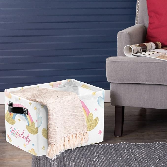 Deven Rainbow Clouds Personalized Large Storage Baskets for Organizing Shelves with Handle,Closet Decorative Storage Bins for Bathroom,Nursery,Home