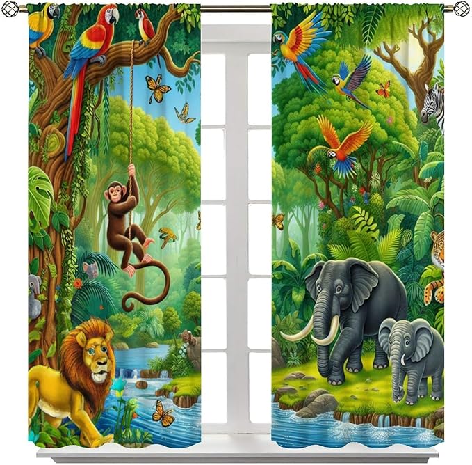 Animals Window Curtain Cartoon Jungle Forest Elephant Lion Print Curtains for Kids Boys Girls Nursery Baby Bedroom Playroom Home Decor Window Drapes 55" W X 63" L