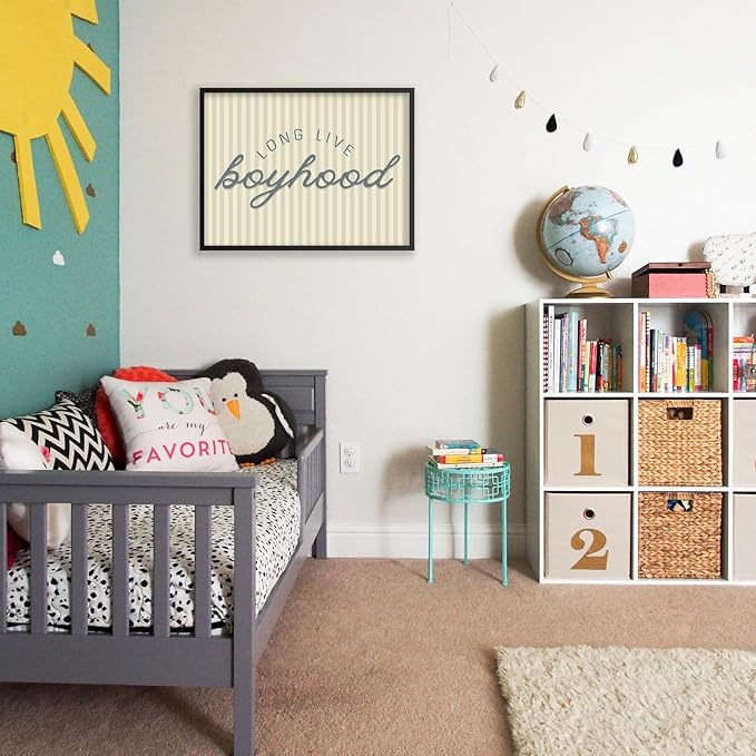 Long Live Boyhood Quote Wall Art Preppy Blue Stripe Poster 24x36 inch Black Framed Modern Fashion Minimalist Canvas Prints for Boy Nursery Bedroom Wall Decor
