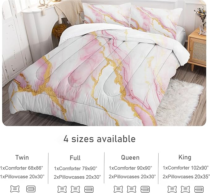 Comforter Set Pink Marble: King Size Bedding Sets for Women Girls Teens Bedroom Luxury Pink Gold Glitter Abstract Marbling Pastel Bed Set 1 Comforter & 2 Pillowcases