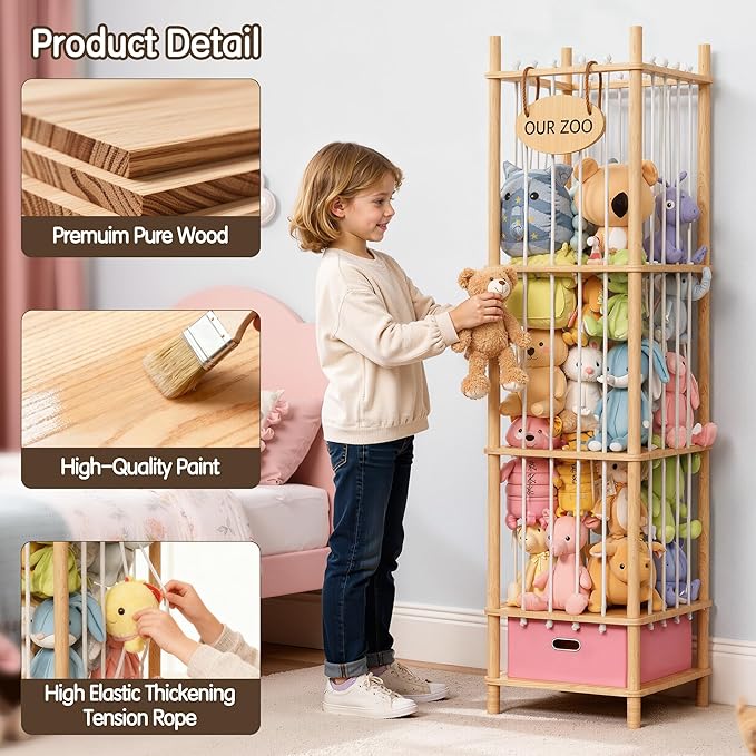 Brelley Stuffed Animal Storage Wood Toy Storage Organizer with Drawer, Large Toy Chest Stuffed animal holder for Kids Nursery Playroom Bedroom