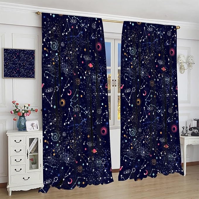 Kids Galaxy Curtains, Fantasy Stars Outer Space Universe Planets Print Window Treatments for Boys Girls Bedroom Nursery Playroom Decor 42" W X 45" L