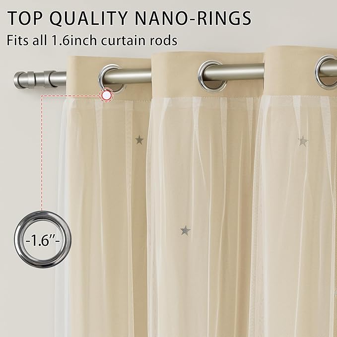 XiDi Beige Curtains with Sheer Overlay for Living Room Bedroom 2 Panels Star Hollow Out 80% Blackout Double Layer Curtains for Kids Girls Room Darkening Grommet Window Drapes with Tiebacks W34 X L63