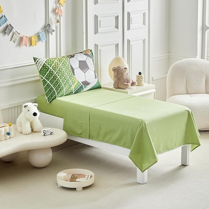 4 Pieces Soccer Toddler Bedding Set for Boys Girls Yellow Green Soccer Field Toddler Bed Set with Goal Cute Toddler Bed in a Bag with Sheet Set and Pillow Shams