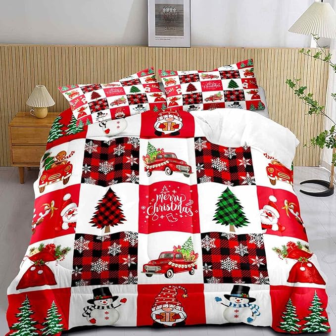 LUVIVIHOME 3PCS Merry Christmas Comforter Set King Size, Cartoon Cute Funny Santa Claus Snowman Gnome Truck White Red Black Plaid Bedding, Snowflake Xmas Tree Christmas Bedroom Decor, 2 Pillow Shams