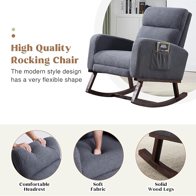Rocking Chair Nursery with Foot Rest, Teddy Nursing Rocking Chairs for Mom Breastfeeding, Rocker Glider Chair with High Backrest for Living Room, Bedroom, Blue Grey