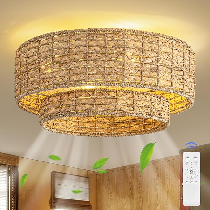 Boho Caged Ceiling Fans with Lights Flush Mount,Layered Rattan Ceiling Fan with Light Remote Control,Reversible 6 Speeds for Bedroom,Nursery,Living Room