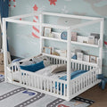 Polibi Full Size Montessori Floor Bed with Guardrails, Low Profile Solid Wood Canopy Frame with Built-in Shelves, No Box Spring Needed, for Kids & Teens, White